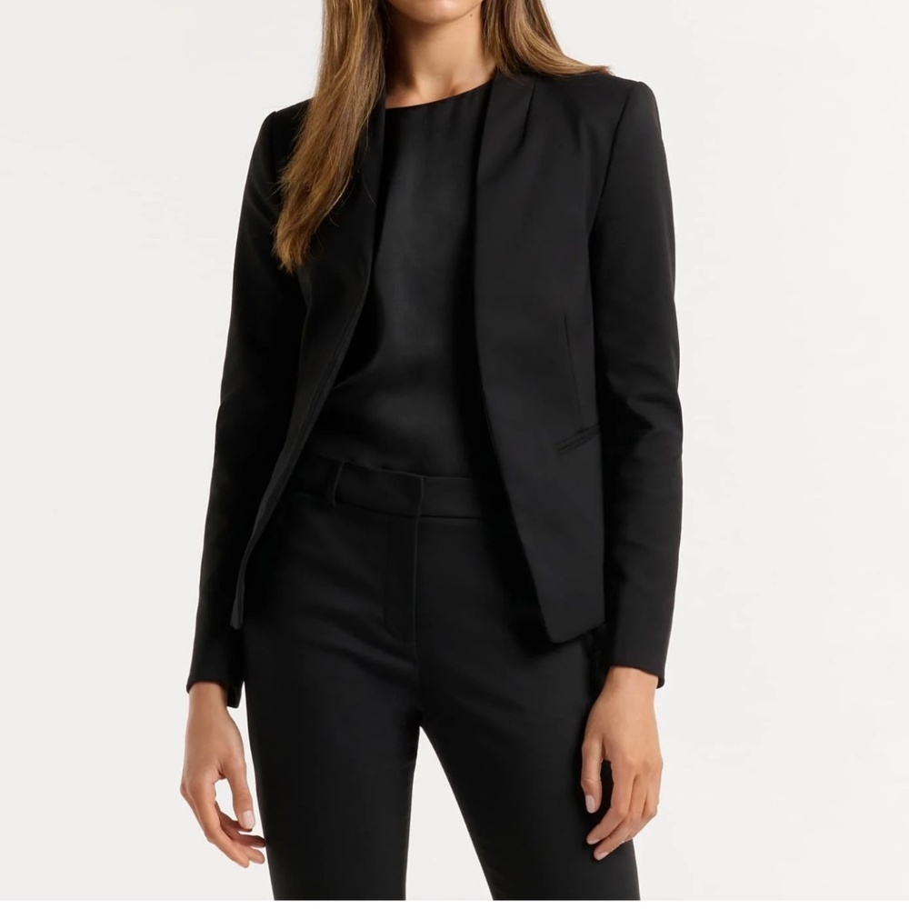 Joseph Ribkoff Blazer Open front Tuxedo Collarless Fitted Black Stretch Sz 6